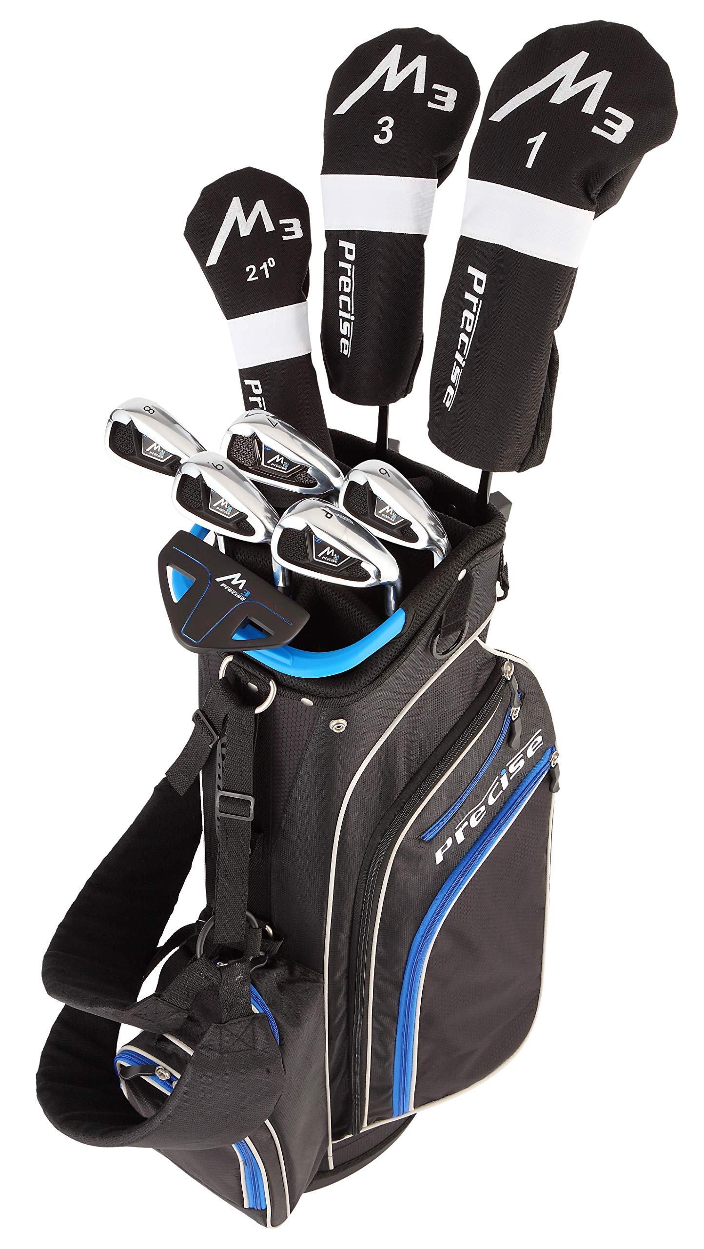 Precise M3 Men's Complete Golf Clubs Package Set Includes Driver, Fairway, Hybrid, 6-PW, Putter, Stand Bag, 3 H/C's - Right Handed - Regular or Tall Size (Blue - Tall Size +1", Right Handed)