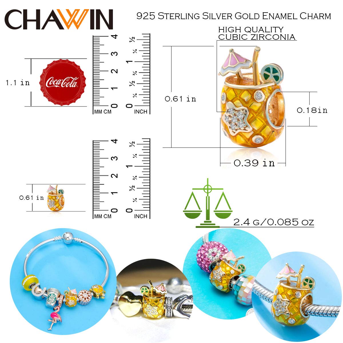 Beach Drink Charms Compatible with Pandora Charm Bracelets, 925 Sterling Silver Beads, Tropical Beer Dangling Pendant for Necklace and European Snake Chain, Hawaii Summer Holiday Charm Gifts