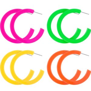 skylety 4 pairs 80s neon earrings for women 90s retro hoop drop dangle earrings for 80's party cosplay costume accessories(half hoop style)