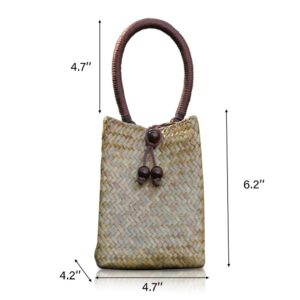 QTKJ Hand-woven Mini Retro Straw Handbag Bag Summer Beach Boho Rattan Tote Travel Bag with Wood Beaded Tassel Pendant (Beige)