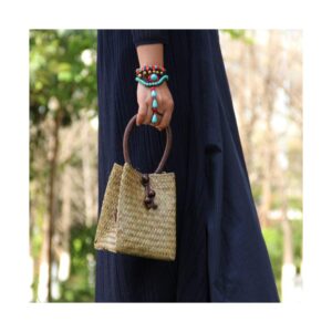 QTKJ Hand-woven Mini Retro Straw Handbag Bag Summer Beach Boho Rattan Tote Travel Bag with Wood Beaded Tassel Pendant (Beige)