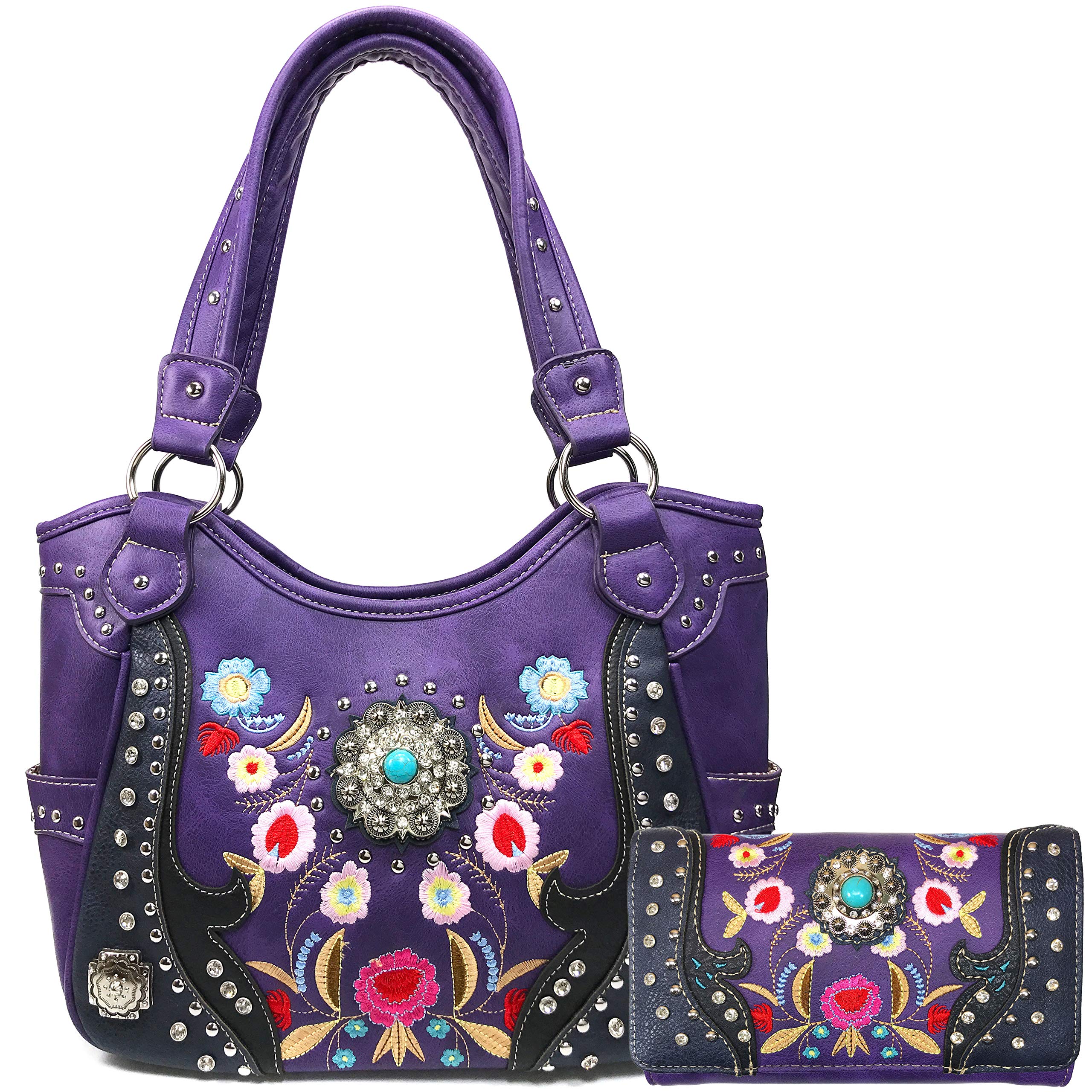 Embroidered Floral Laser Cut Turquoise Rhinestone Concho Concealed Carry Tote Hobo Purse Wallet Set (Purple)