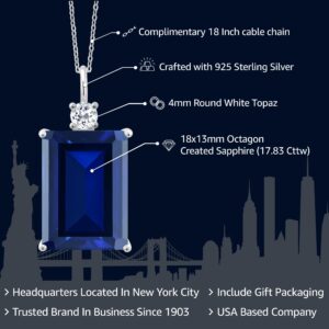 Gem Stone King 17.83 Cttw Blue Created Sapphire and White Topaz Pendant Necklace For Women In 925 Sterling Silver | Emerald Cut 18X13MM | With 18 Inch Silver Chain