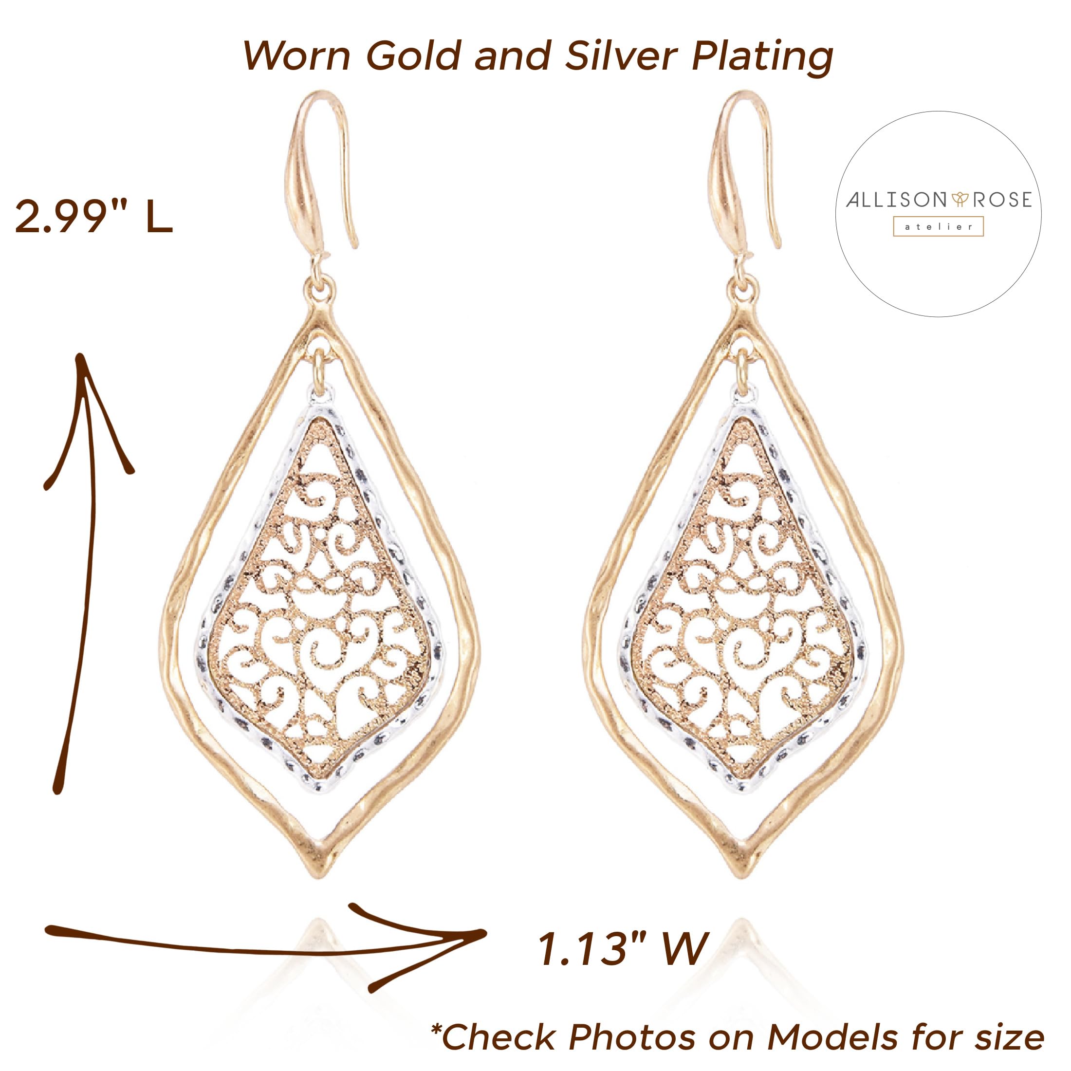 ALLISON ROSE ATELIER – Boho Filigree Two-Tone Dangle Earrings - Exquisite Handcrafted Jewelry for Boho Chic Style - Large Two Tone Worn Gold and Silver Plated Earring Set