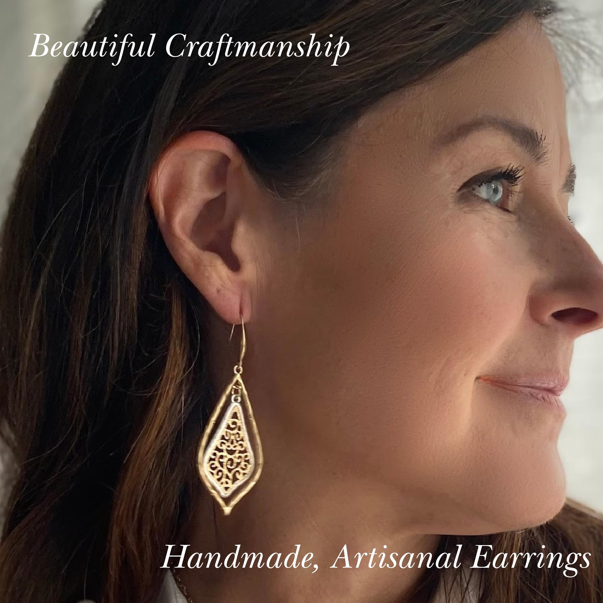 ALLISON ROSE ATELIER – Boho Filigree Two-Tone Dangle Earrings - Exquisite Handcrafted Jewelry for Boho Chic Style - Large Two Tone Worn Gold and Silver Plated Earring Set