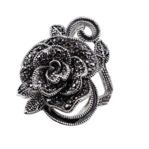 vintage fashion rose flower ring black marcasite stones paved statement rings for women girls (7.5)