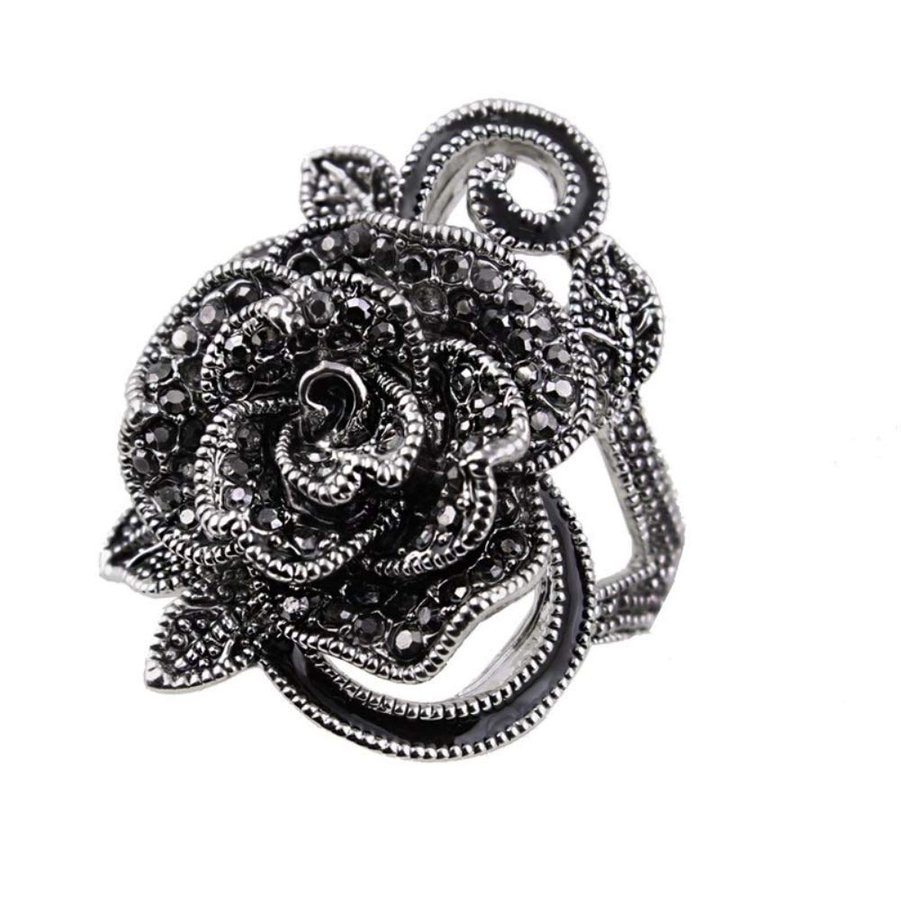 Vintage Fashion Rose Flower Ring Black Marcasite Stones Paved Statement Rings for Women Girls (7.5)