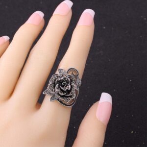 Vintage Fashion Rose Flower Ring Black Marcasite Stones Paved Statement Rings for Women Girls (7.5)