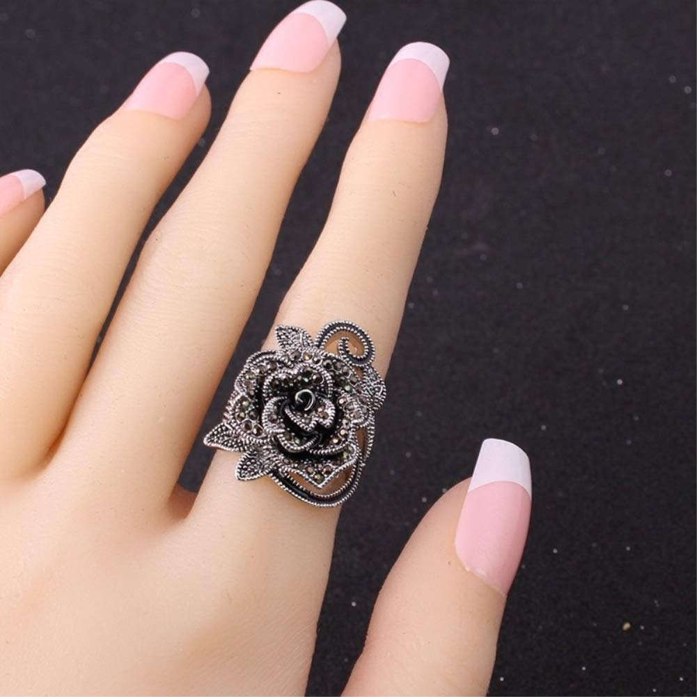 Vintage Fashion Rose Flower Ring Black Marcasite Stones Paved Statement Rings for Women Girls (7.5)