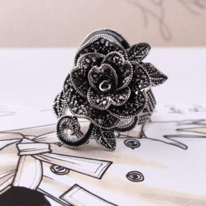 Vintage Fashion Rose Flower Ring Black Marcasite Stones Paved Statement Rings for Women Girls (7.5)