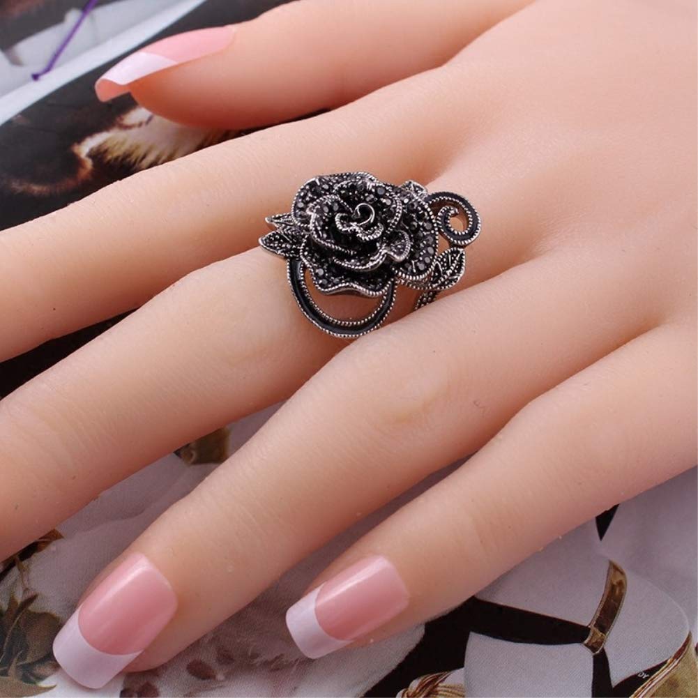 Vintage Fashion Rose Flower Ring Black Marcasite Stones Paved Statement Rings for Women Girls (7.5)