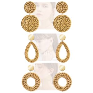 rattan earrings for women handmade straw wicker braid drop dangle earrings lightweight geometric statement earrings (3 pairs set)