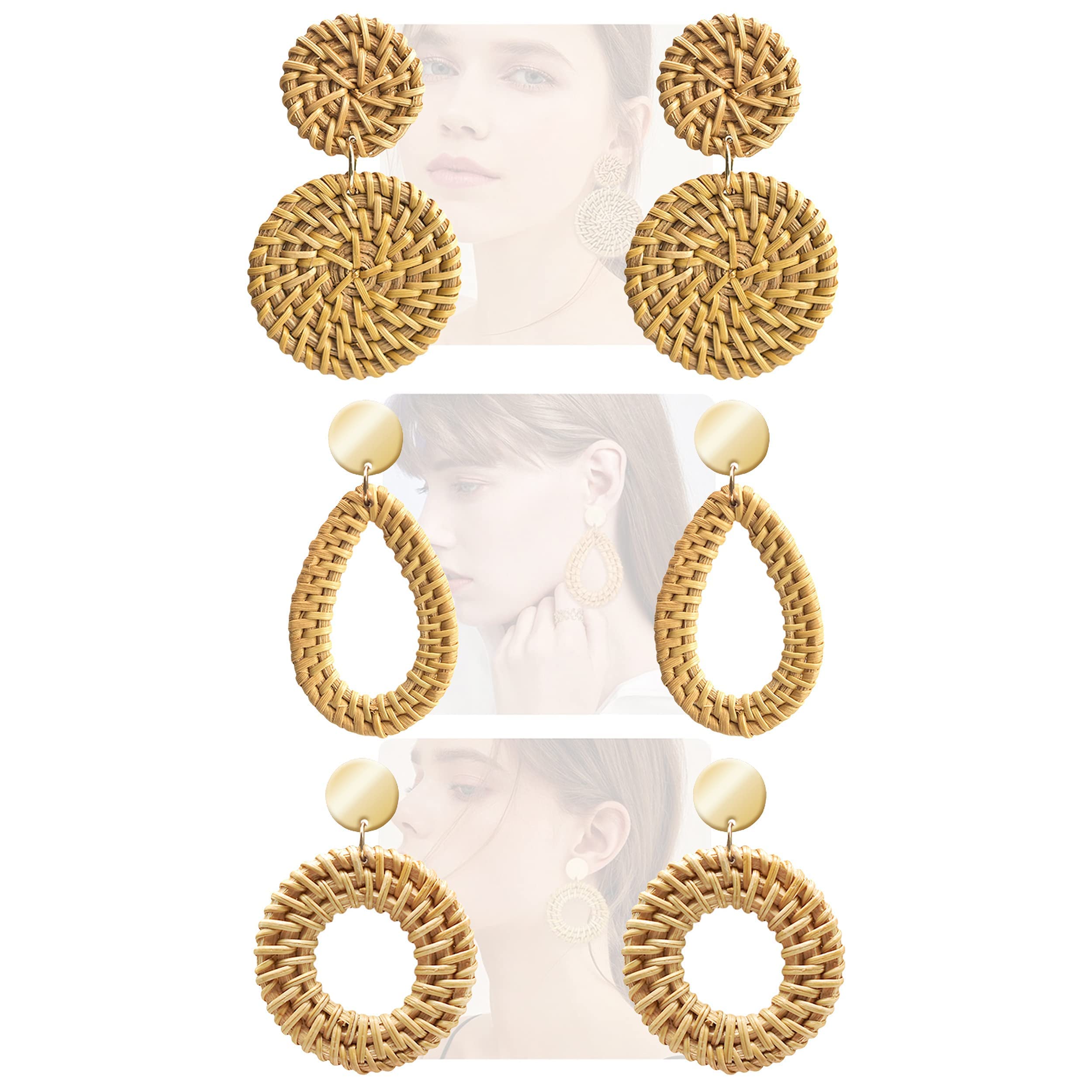 Rattan Earrings for Women Handmade Straw Wicker Braid Drop Dangle Earrings Lightweight Geometric Statement Earrings (3 Pairs Set)