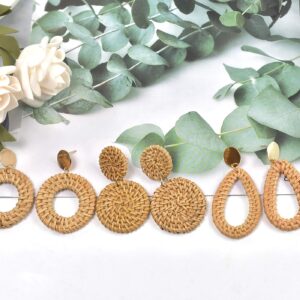 Rattan Earrings for Women Handmade Straw Wicker Braid Drop Dangle Earrings Lightweight Geometric Statement Earrings (3 Pairs Set)