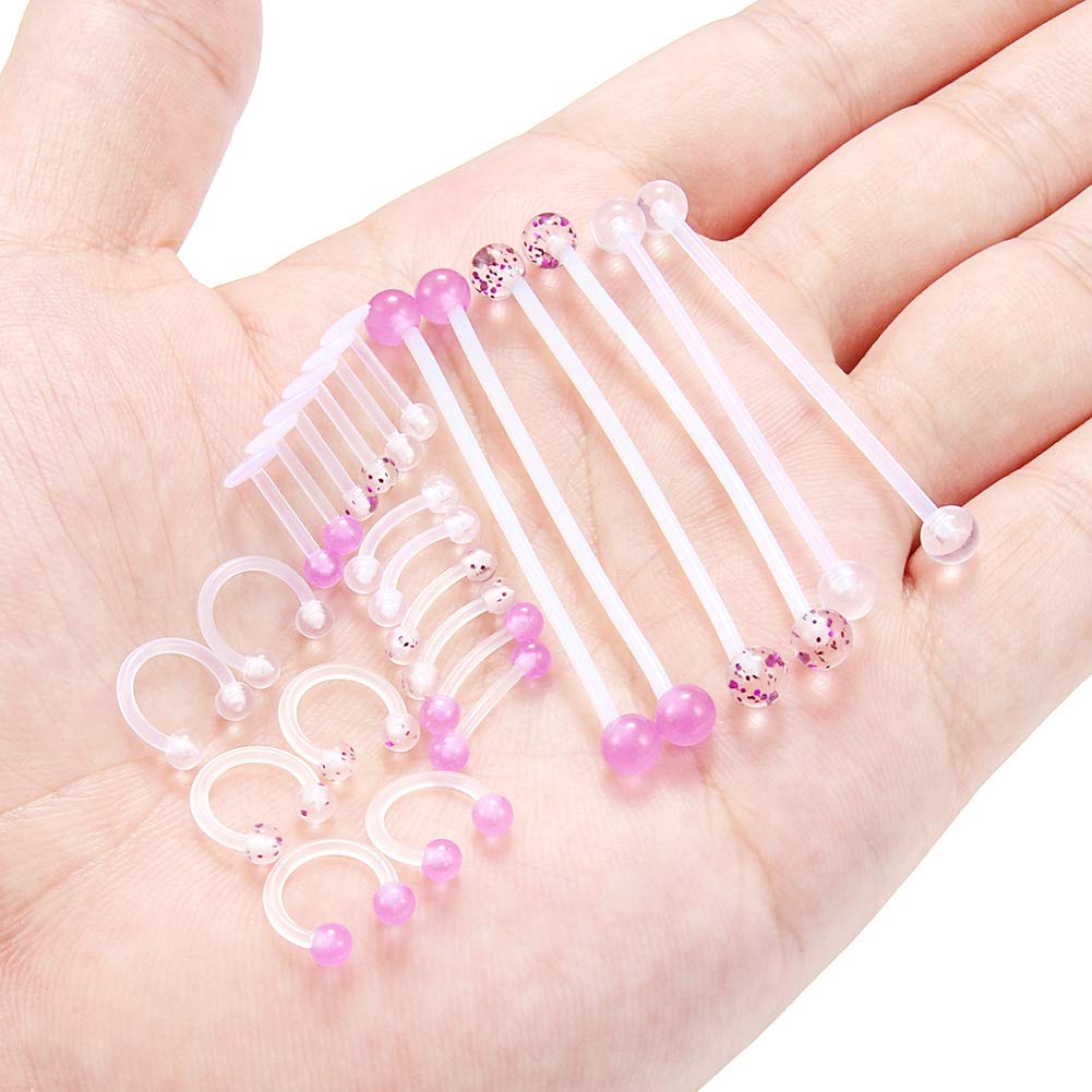 Hoeudjo Clear Cartilage Earring 16G 14G Piercing Retainers 24Pcs Flexible Acrylic Helix Hoop Bioflex Nose Lip Stud Eyebrow Tragus Septum Horseshoe Rings Body Jewelry for Work Glow in The Dark 4#