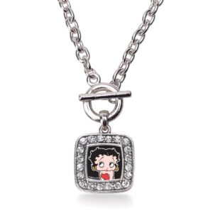 inspired silver - betty boop toggle charm necklace for women - silver square charm 18 inch necklace with cubic zirconia jewelry