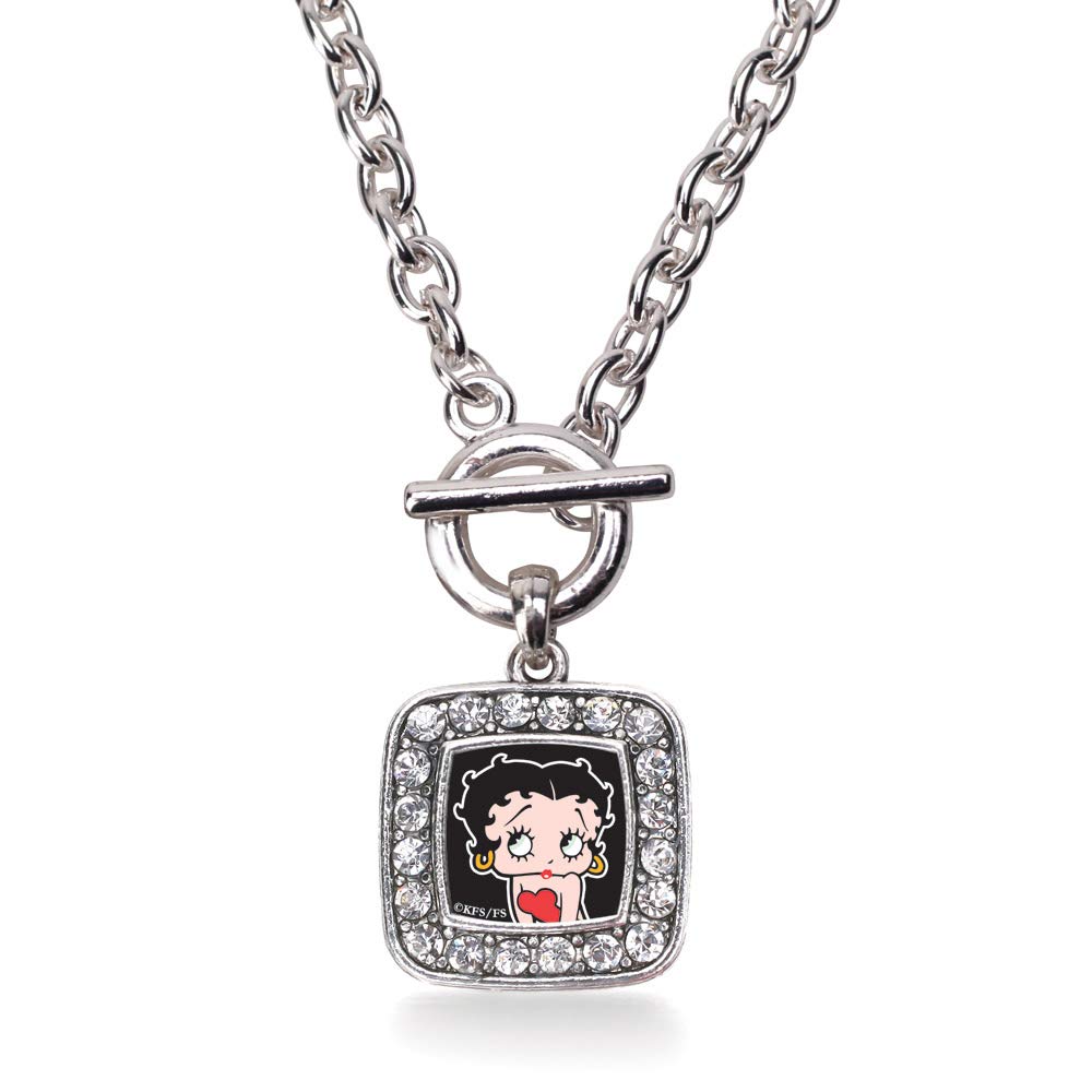 Inspired Silver - Betty Boop Toggle Charm Necklace for Women - Silver Square Charm 18 Inch Necklace with Cubic Zirconia Jewelry