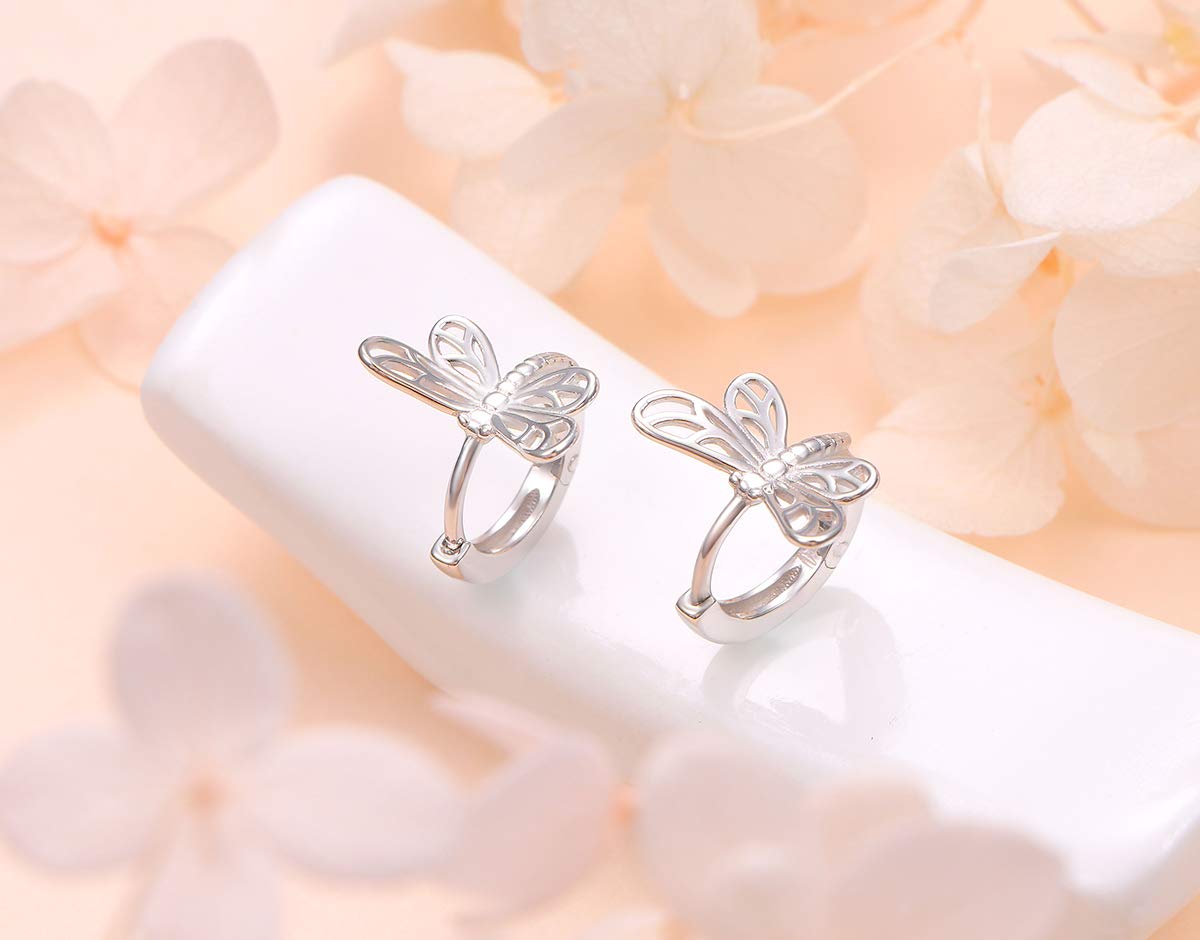 DAOCHONG S925 Sterling Silver Small Huggie Dragonfly Hoop Earrings for Women Ear Jewelry Birthday Gift (Dragonfly Small Hoop Earrings)