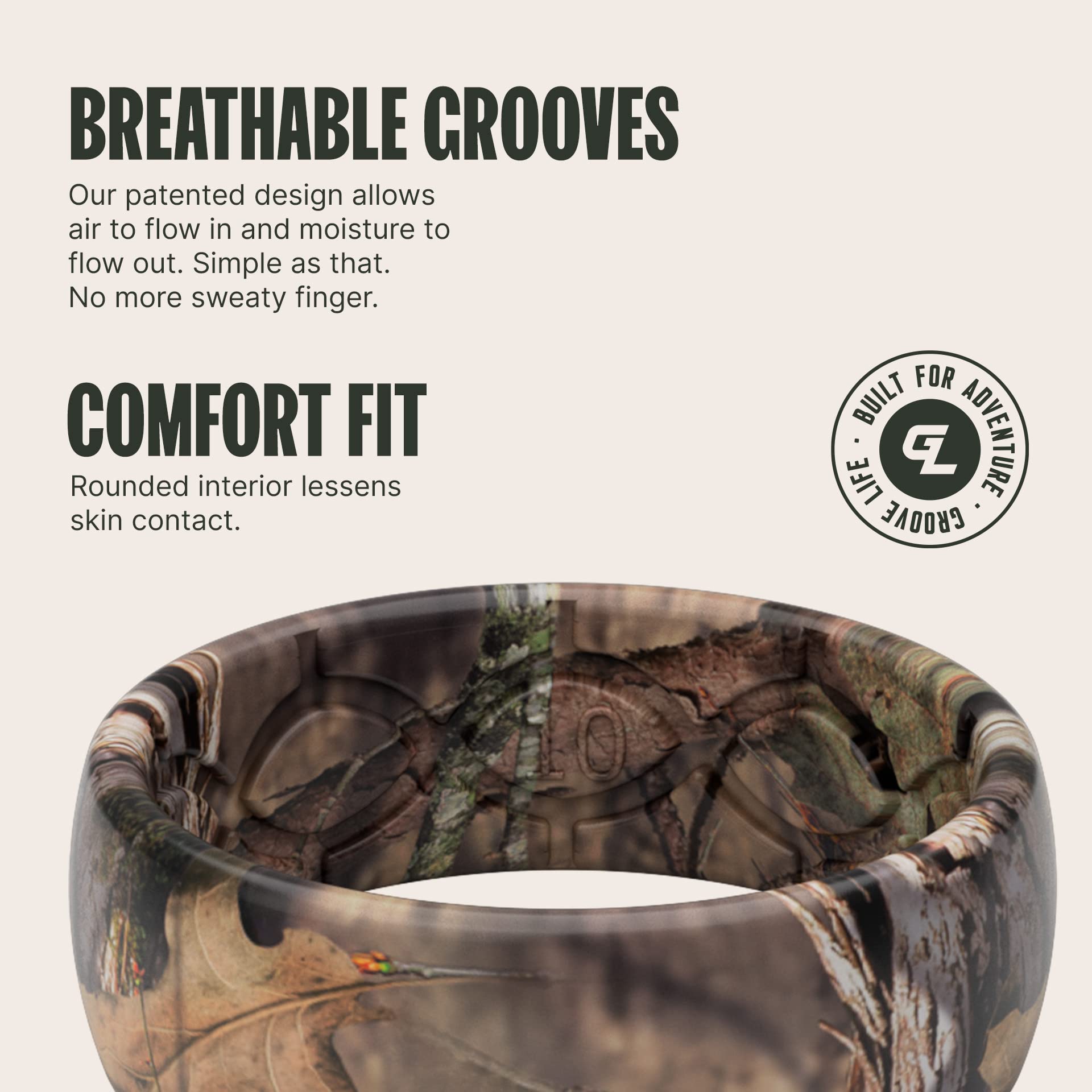 Groove Life Mossy Oak Breakup Country Camo Silicone Ring Breathable Rubber Wedding Rings for Men, Lifetime Coverage, Unique Design, Comfort Fit Ring - Size 11