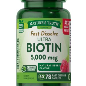 Nature's Truth Ultra Biotin 5000mcg | 78 Fast Dissolve Tablets | Hair Skin and Nails Supplement | Natural Berry Flavor | Vegetarian, Non-GMO, Gluten Free