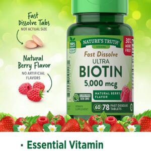 Nature's Truth Ultra Biotin 5000mcg | 78 Fast Dissolve Tablets | Hair Skin and Nails Supplement | Natural Berry Flavor | Vegetarian, Non-GMO, Gluten Free