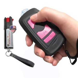 mini stun gun security alarm keychain pepper spray kit. electric pocket stun gun non lethal weapons for self defense. mini pocket stun gun flashlight siren combo & police oc cs uv spray (black & pink)