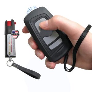 Mini Stun Gun Security Alarm Keychain Pepper Spray Kit. Pocket Stun Gun Non Lethal Weapons for Self Defense. Mini Pocket Size Stun Flashlight Siren Combo & Police OC CS UV Spray (Black & Grey)