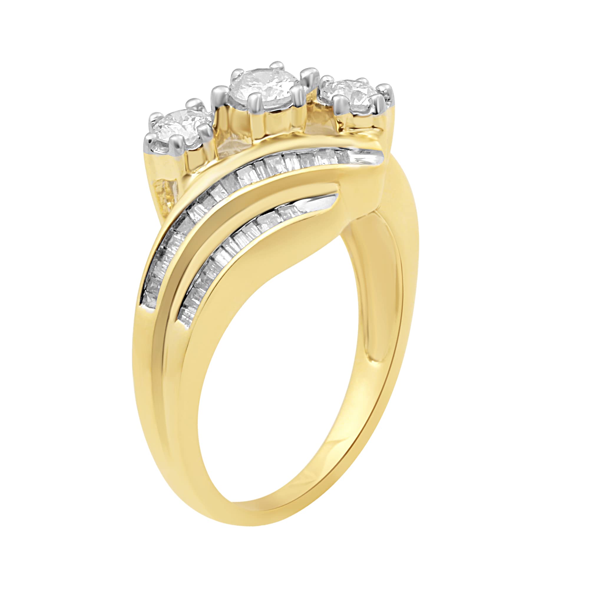 Jewelili 10K Yellow Gold 3/4 Cttw Natural White Baguette and Round Diamond 3 Stone Ring, Size 8