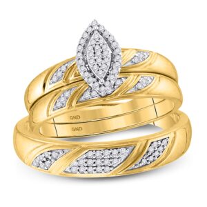 dazzlingrock collection 10k yellow gold diamond his & hers matching trio wedding engagement bridal ring set 1/4 ctw