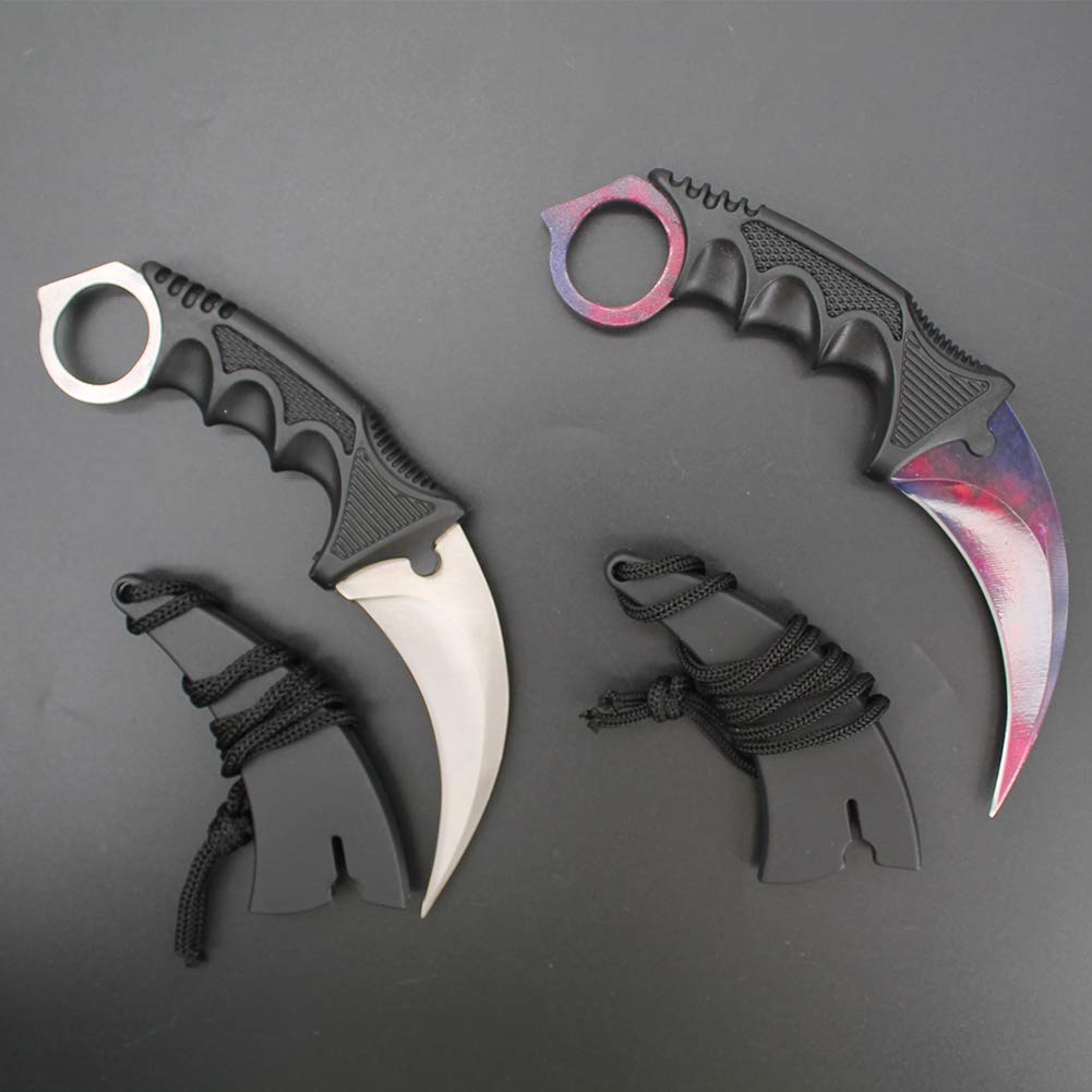 Karambit Knife, Set of 2, CS-GO for Hunting Camping Fishing and Field Survival, Stainless Steel Fixed Blade Tactical Knife with Sheath and Cord (Silver + Purple Dark).