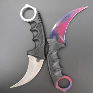 Karambit Knife, Set of 2, CS-GO for Hunting Camping Fishing and Field Survival, Stainless Steel Fixed Blade Tactical Knife with Sheath and Cord (Silver + Purple Dark).