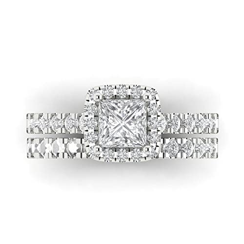 Clara Pucci 1.57ct Princess Cut Halo Solitaire with Accent Stunning Moissanite Diamond Statement Bridal Ring Band Set 14k White Gold 8.25