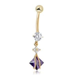 avora 10k yellow gold purple square-cut simulated diamond cz flower dangling belly button ring body jewelry (14 gauge)