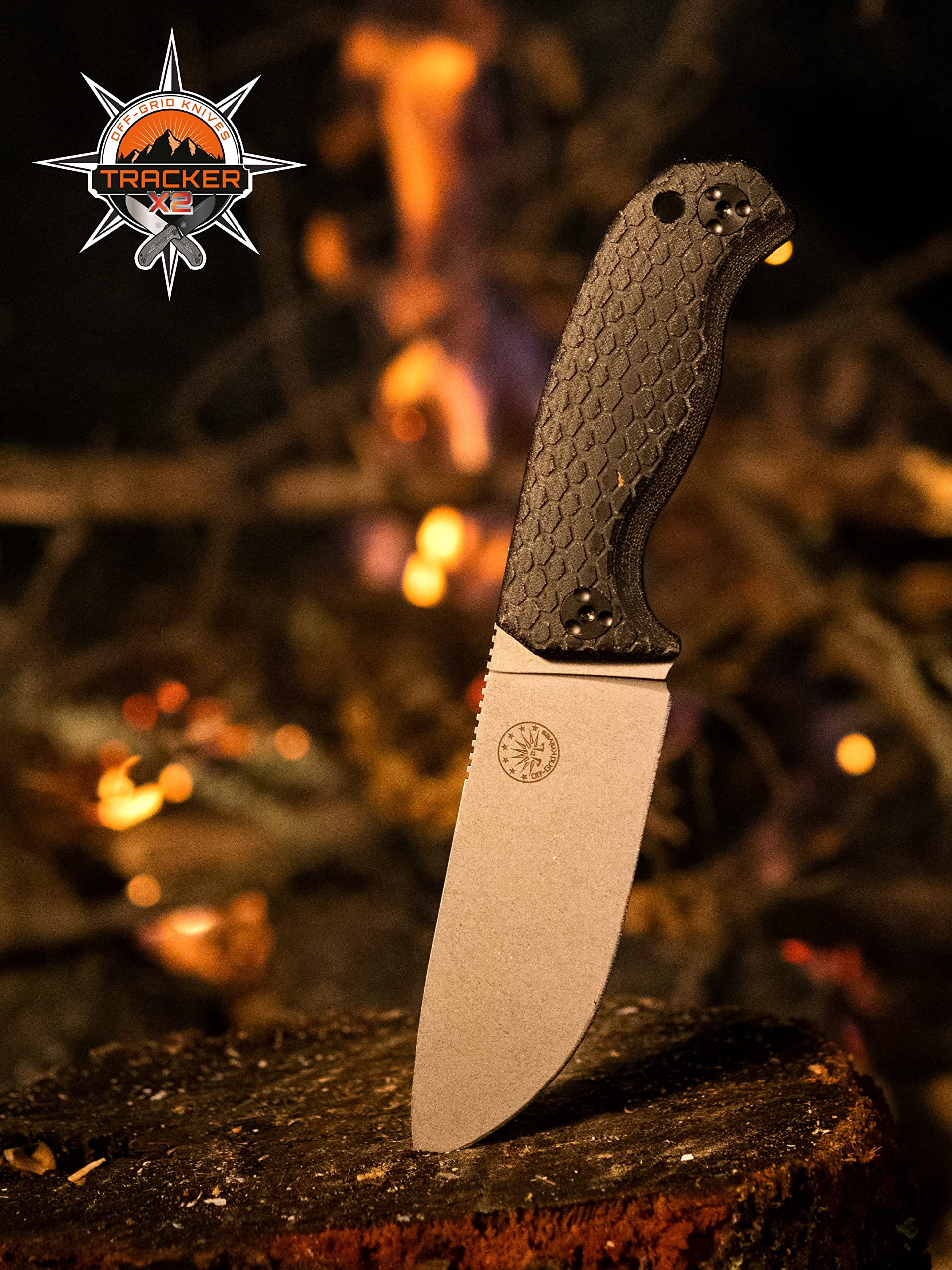 Off-Grid Knives - Tracker-X2 Camp Knife, Cryo D2, Micarta Scales, 90 Degree Spine, Kydex Sheath, Belt Attachment, Bushcraft, Hunting, Survival, Camping (Stonewash)