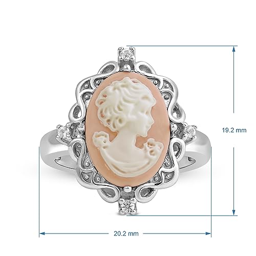 Jewelili Pink Cameo Ring in Sterling Silver with Round Created White Sapphire, Size 8