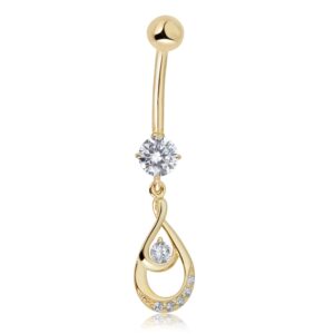 AVORA 10K Yellow Gold Simulated Diamond CZ Dangling Fancy Drop Belly Button Ring Body Jewelry (14 Gauge)