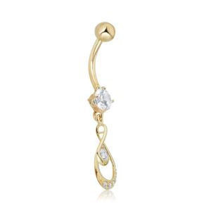 AVORA 10K Yellow Gold Simulated Diamond CZ Dangling Fancy Drop Belly Button Ring Body Jewelry (14 Gauge)