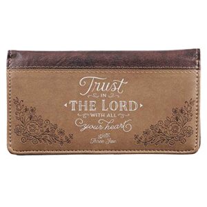 christian art gifts checkbook cover for women & men - trust in the lord - christian brown wallet faux leather bifold checkbook cover for duplicate checks id credit cards & pen loop holder -provers 3:5