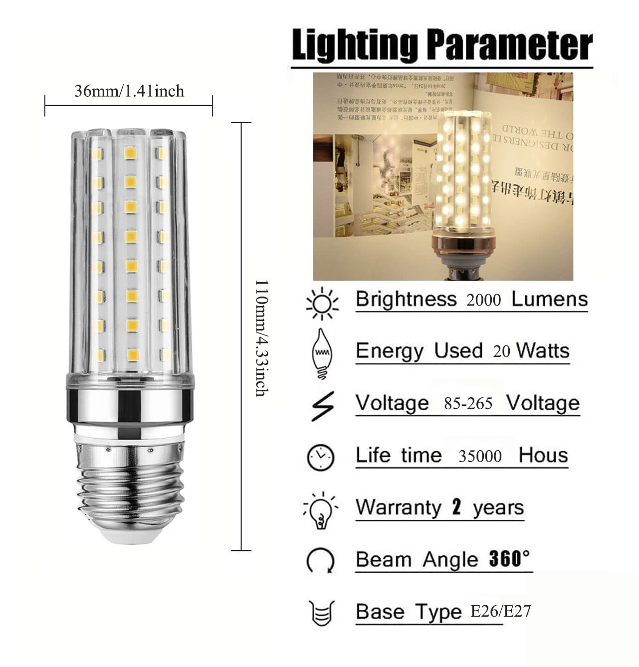 E26 LED Light Bulbs,20W Candelabra LED Bulbs 200 Watt Equivalent - 90 LEDs 2835 SMD 2000lm 3000K Warm White Decorative Candle Base E26/E27 LED Chandelier Bulbs,AC85-265V,4-Pack