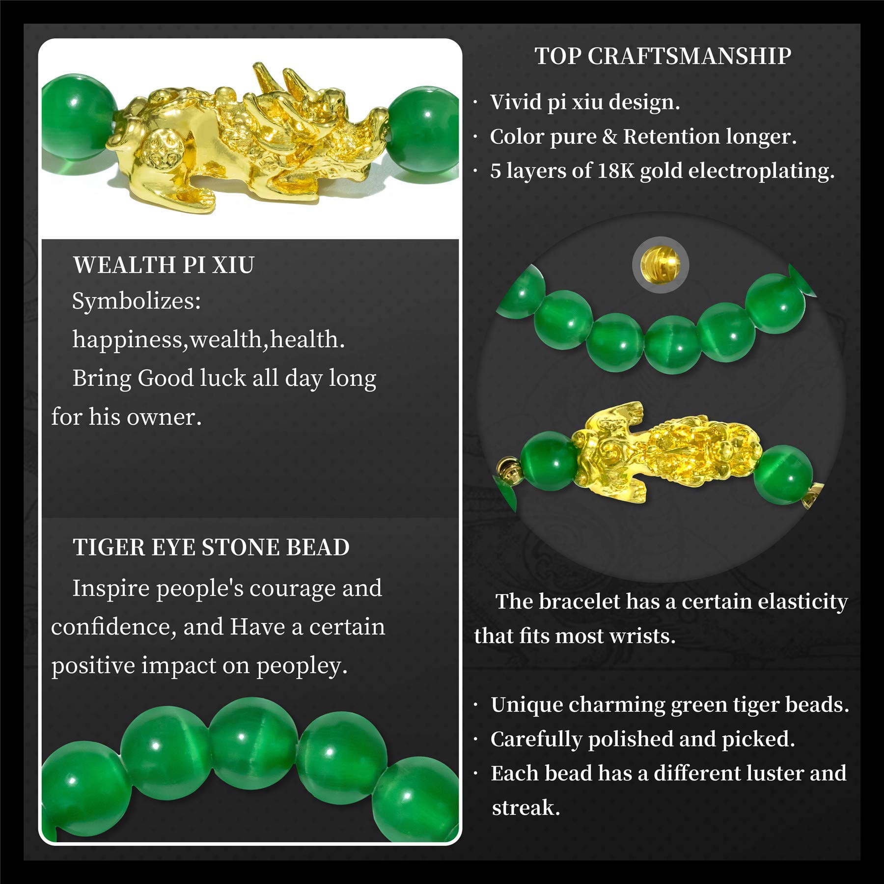 ZenBless Feng Shui Bracelet Luck Charm 10MM Bracelet with Gold Plated Pi Xiu/Pi Yao Attract Wealth and Good Luck Amulet Gift(Green M)