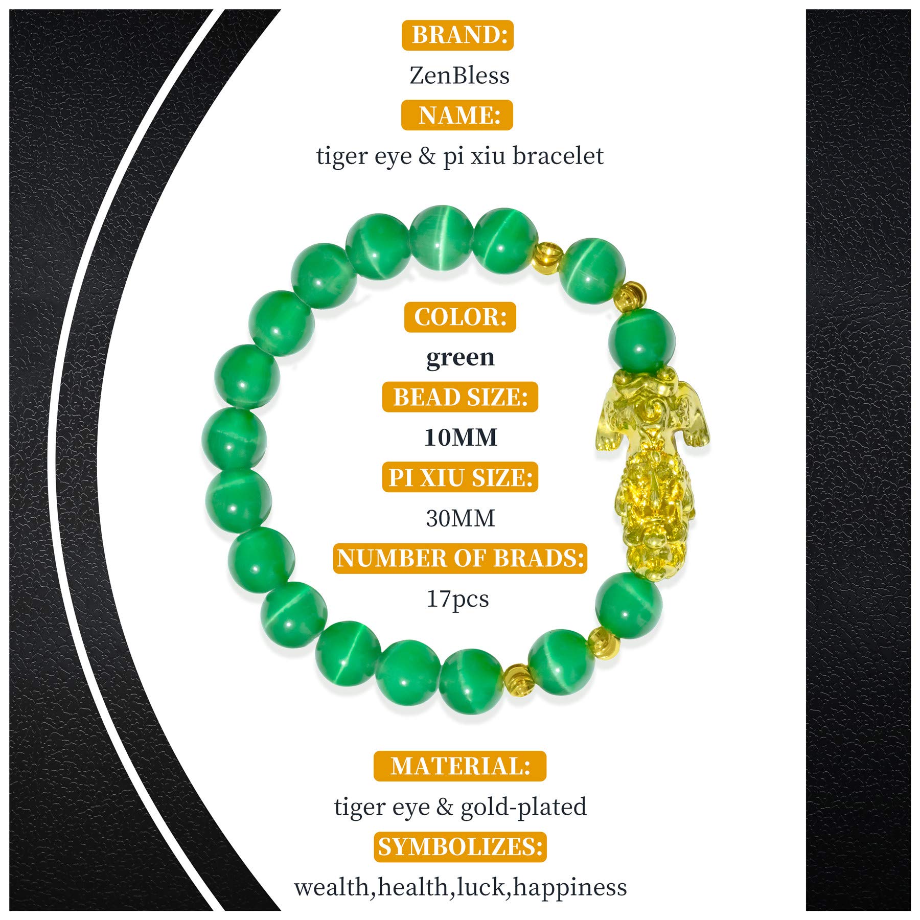 ZenBless Feng Shui Bracelet Luck Charm 10MM Bracelet with Gold Plated Pi Xiu/Pi Yao Attract Wealth and Good Luck Amulet Gift(Green M)