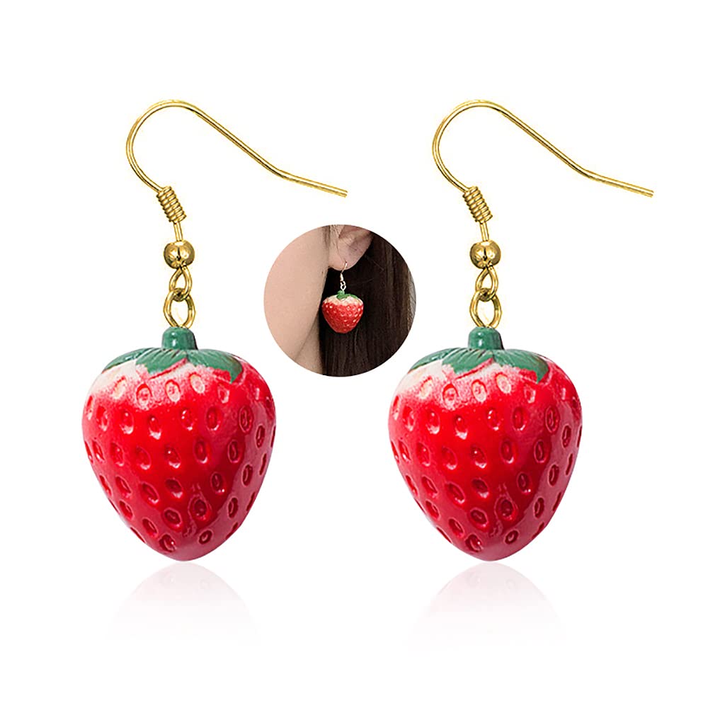 Strawberry Drop Dangle Earrings for Women, Red Cute Strawberry Dangle Earring, Simulated Strawberry Earrings,3D Acrylic Fruit Drop Earring (Ear hook)