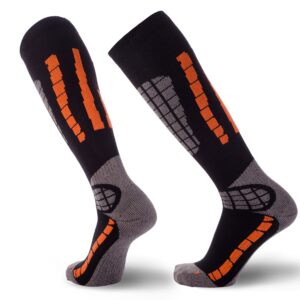 Pure Athlete Ski Socks Warm Merino Wool - Best Lightweight Thin Ski Snowboard Sock Women Men (1 Pair - Black/Orange, Large-X-Large)