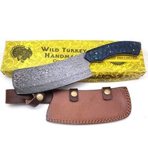 wild turkey handmade damascus collection fixed blade chopper knife w/leather sheath (blue)