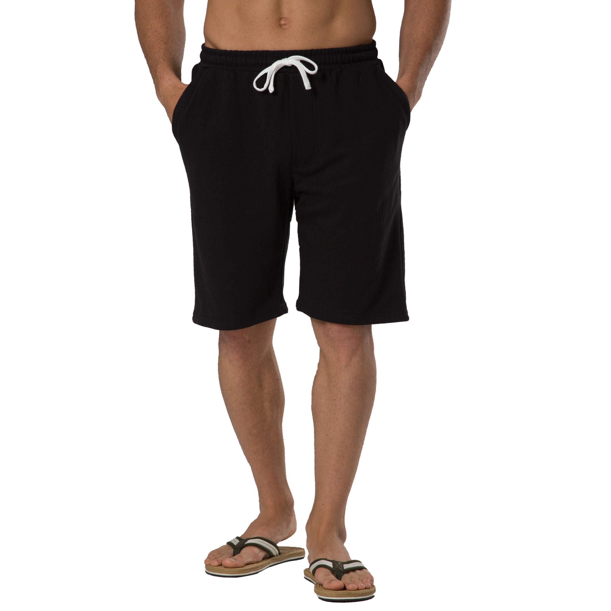 VANCOOG Men’s Casual Cotton Knit Short Drawstring Elastic Yoga Gym Shorts-Black-L