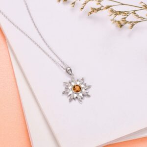 AOBOCO Sterling Silver Sun Sunburst Pendant Necklace with Citrine Austrian Crystal, November Birthstone Jewelry, Christmas Gift for Women