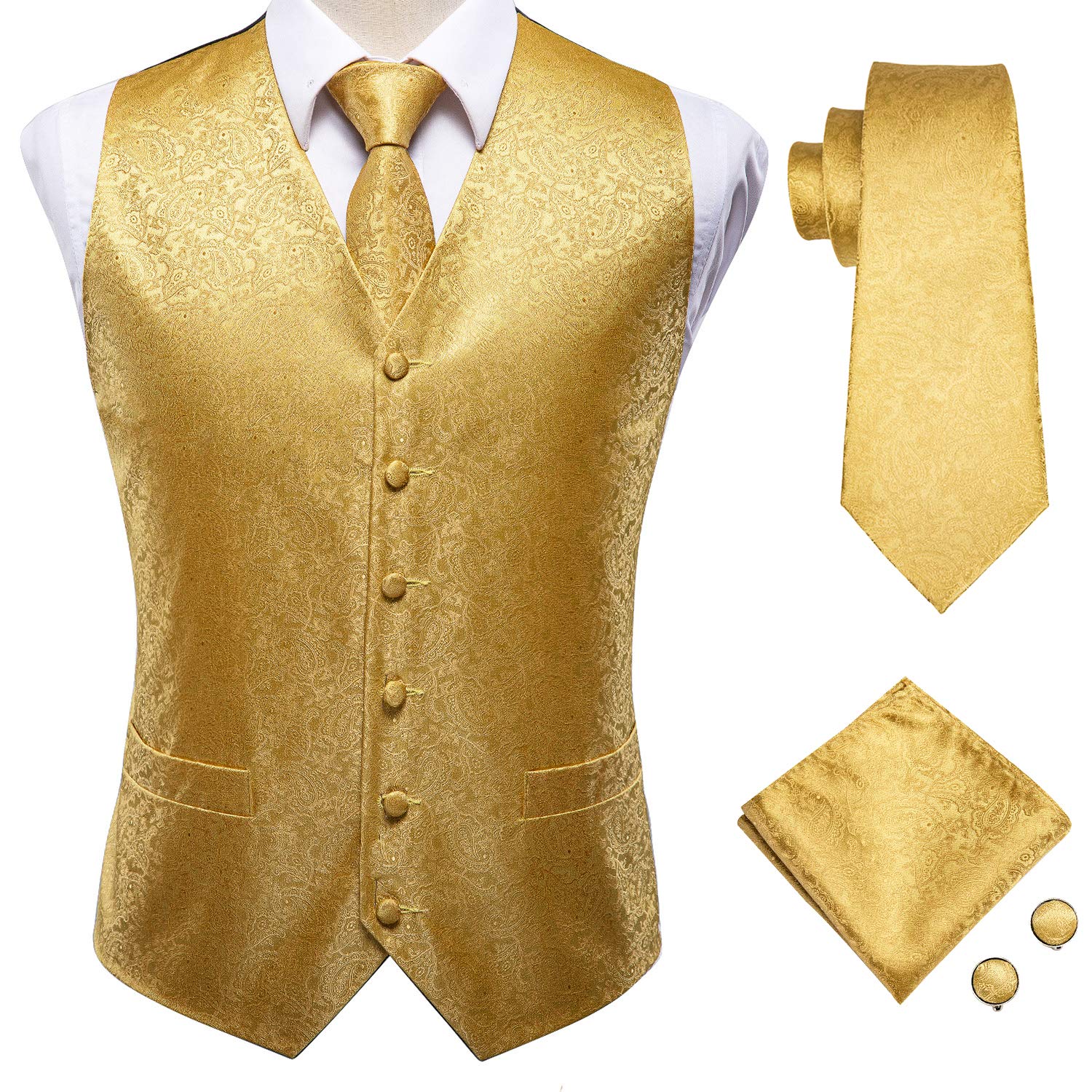 Hi-Tie Men's Gold Paisley Suit Vest and Tie Set Formal 4pc Silk Dress Waistcoat Necktie and Pocket Square Set for Wedding Party or Tuxedo