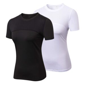 veqking women's 2 pack dry fit athletic shirt moisture wicking short sleeve sport tee workout t-shirt black+white