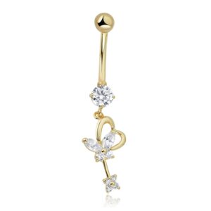 AVORA 10K Yellow Gold Simulated Diamond CZ Dangling Heart Butterfly Belly Button Ring Body Jewelry (14 Gauge)