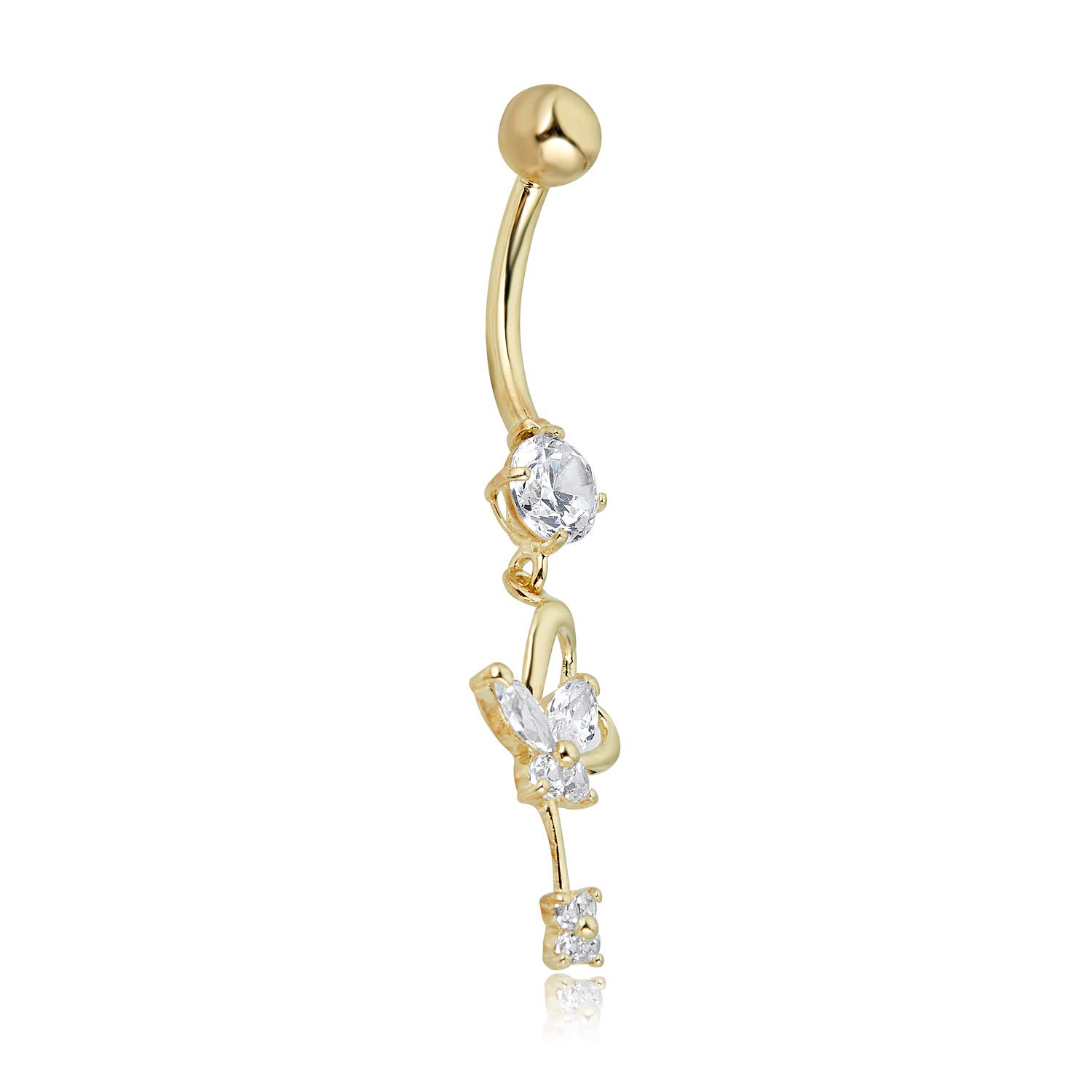 AVORA 10K Yellow Gold Simulated Diamond CZ Dangling Heart Butterfly Belly Button Ring Body Jewelry (14 Gauge)